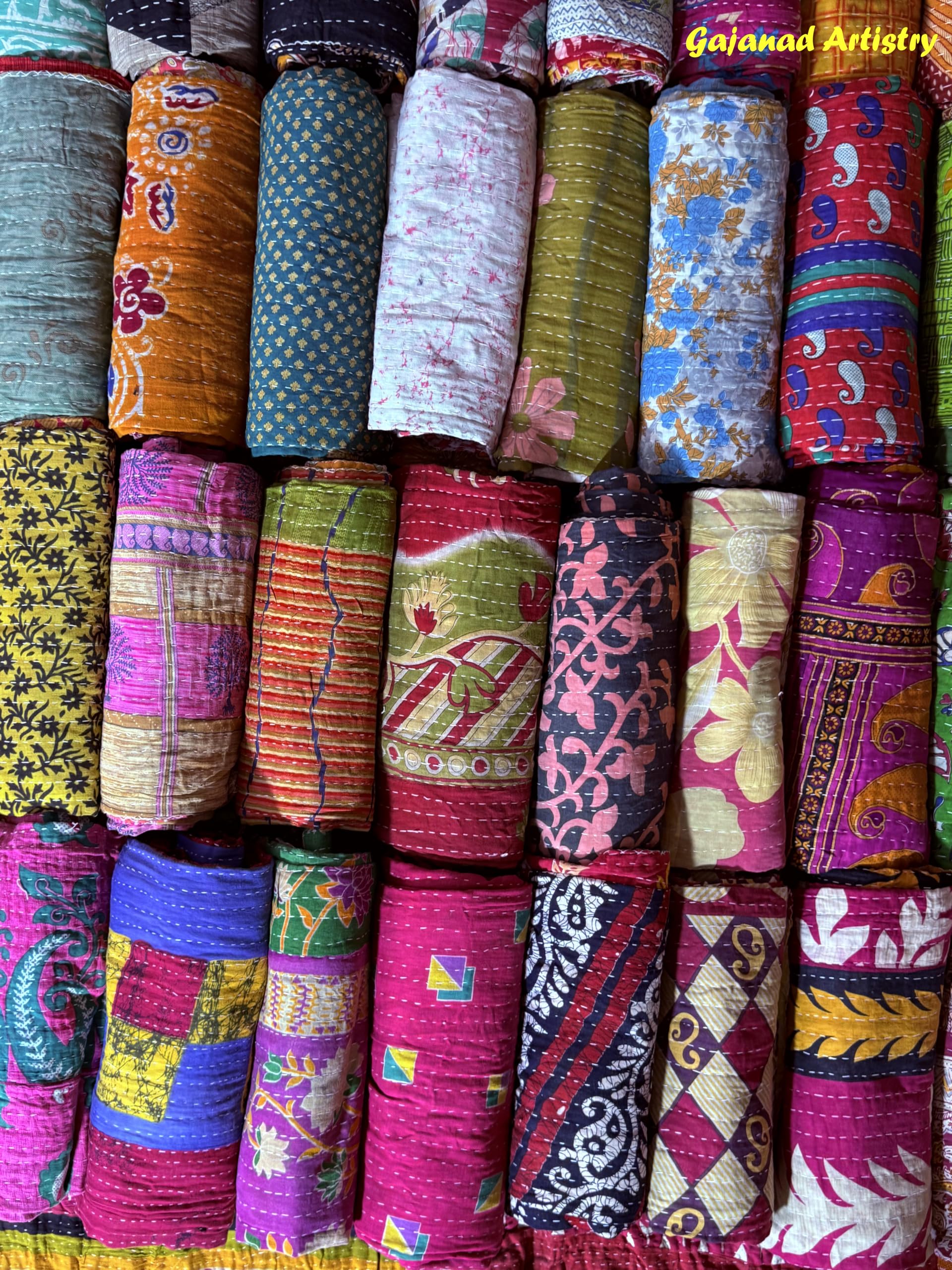 Gajanad Artistry 5 Piece Handmade Indian Vintage Kantha Quilts Reversible Bohemian Home Decor Blanket – Assorted Color Twin Size 85X55 Inches