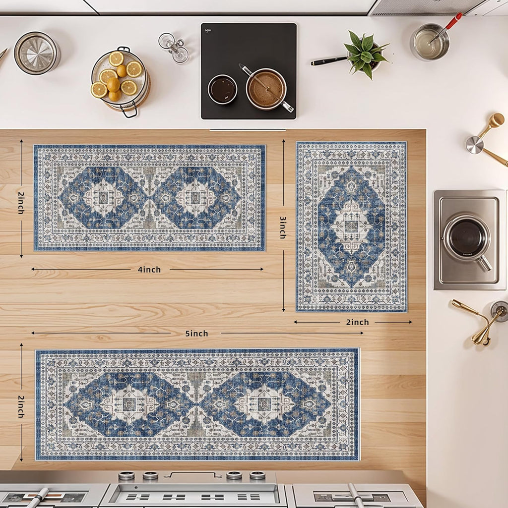 Skiennix Washable 4-Piece Kitchen Floor Mats - Non-Slip, Easy Clean, Water-Resistant Rugs | Blue
