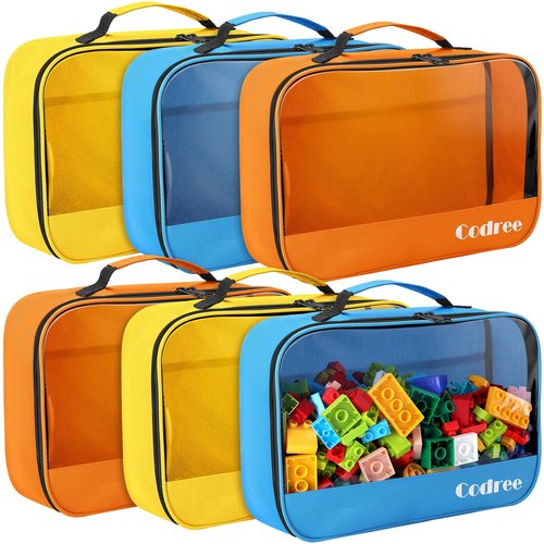 codree 6 Pack Large Oxford Cloth Toy Storage Bags, 13 x 8.5 x 3.9 Inch Visible Organizer Pouch with Zipper, Waterproof Travel Toy Storage for Building Blocks, Small Toys