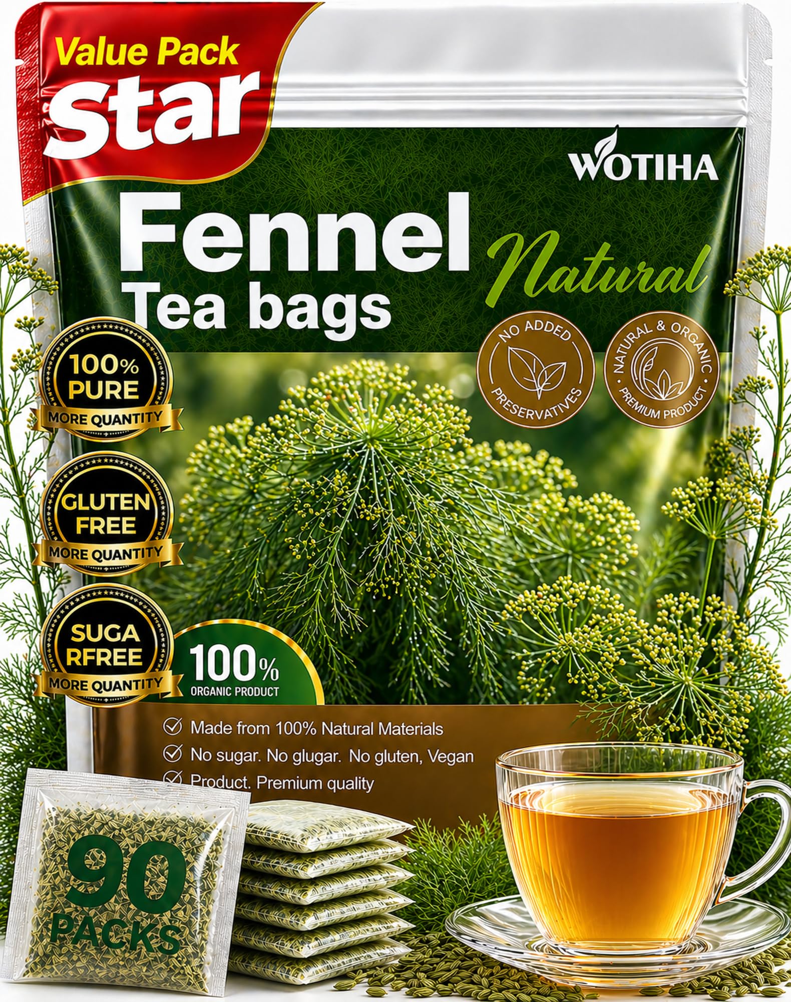 WOTIHA 90 Count Organic Premium Fennel Tea Bags - 100% Natural & Pure Herbal Tea, Supports Digestion & Reduces Bloating, Caffeine-Free, Sugar-Free, Gluten-Free, Vegan.Non-GMO