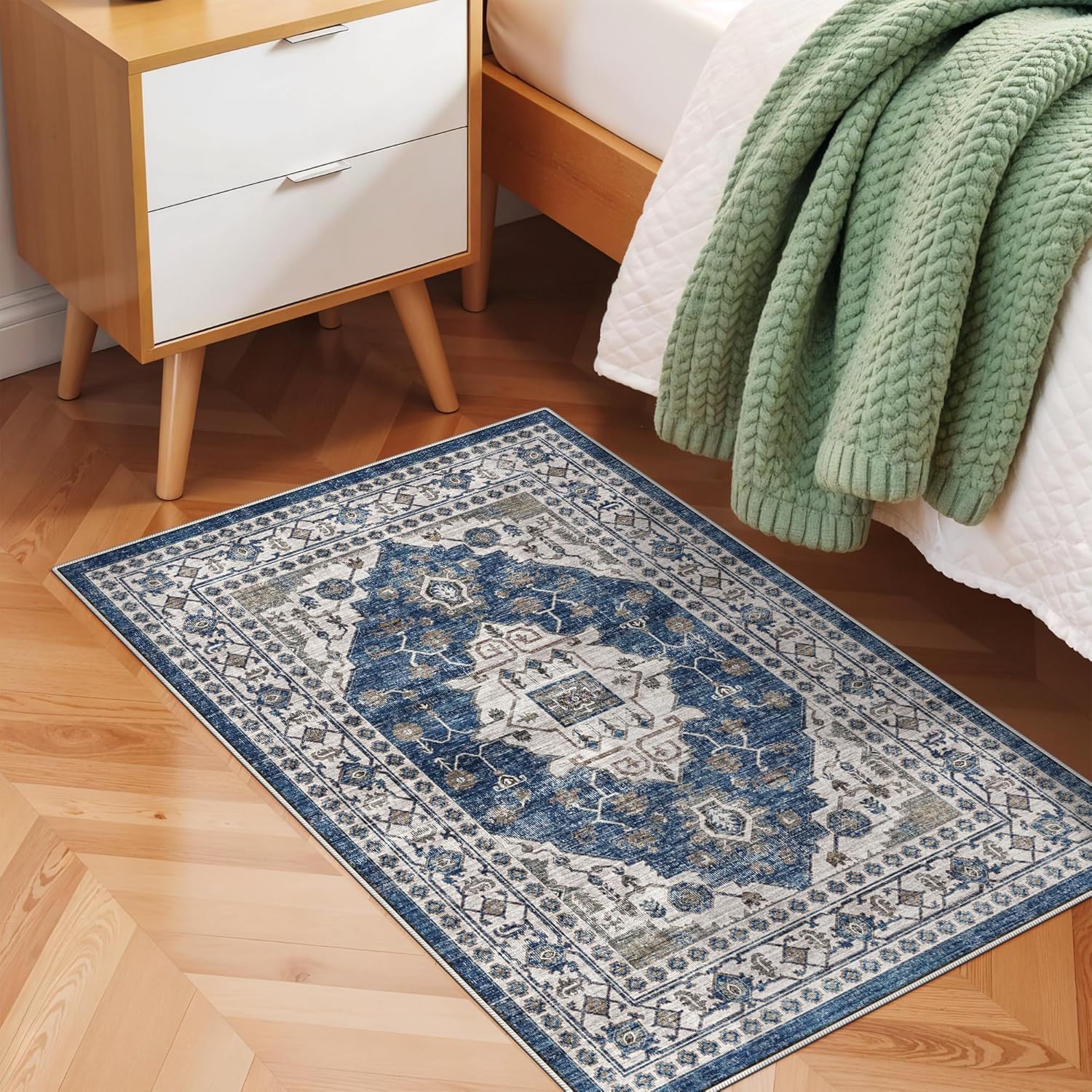 Skiennix Vintage Area Rug - Washable Soft Indoor Mat with Non-Slip Backing | 2x3 ft, Blue