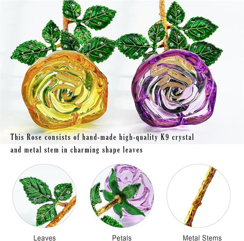 HDCRYSTALGIFTS Crystal Rose Flower Figurines - 9.5'' Purple & Yellow Glass with Green Leaves | Perfect Romantic Gifts for Her