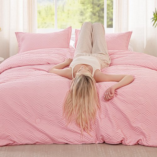 EXQ Home Waffle Comforter Queen Size - Super Soft Embossed Design Comforter Set 3 Pieces, Pink 3D Diamond Pattern Bedding Set,Winter Warm Bed Set,1 Comforter with 2 Pillowcases