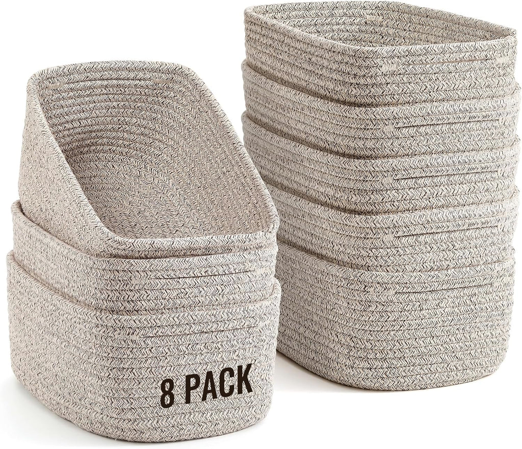 Small Storage Baskets - 8 Pack Woven Rope Organizers for Bathroom, Closet & Nursery | 11.5"x7.5"x4.7" - Brown