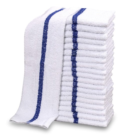 GOLD TEXTILES 60 PC New Cotton Blend White Restaurant Bar Mops Kitchen Towels 28oz (5 Dozen) (60, Blue Stripe)