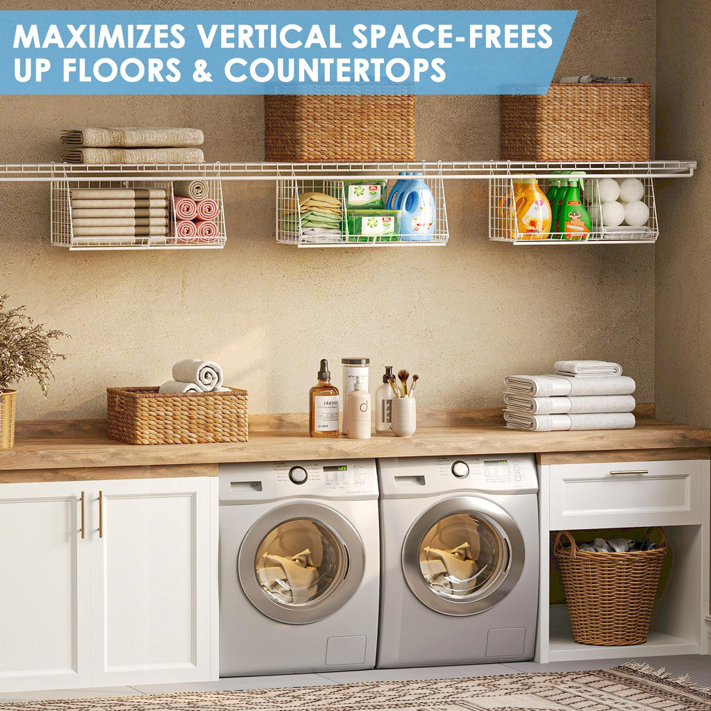 23.62” Extra-Long Under-Shelf Hanging Laundry Basket Organizer, 3-Pack Space-Saving Laundry Organizer, Fits Wire Shelving (Rod Diameter < 0.38”), Modular with Dividers for Custom Laundry Organization