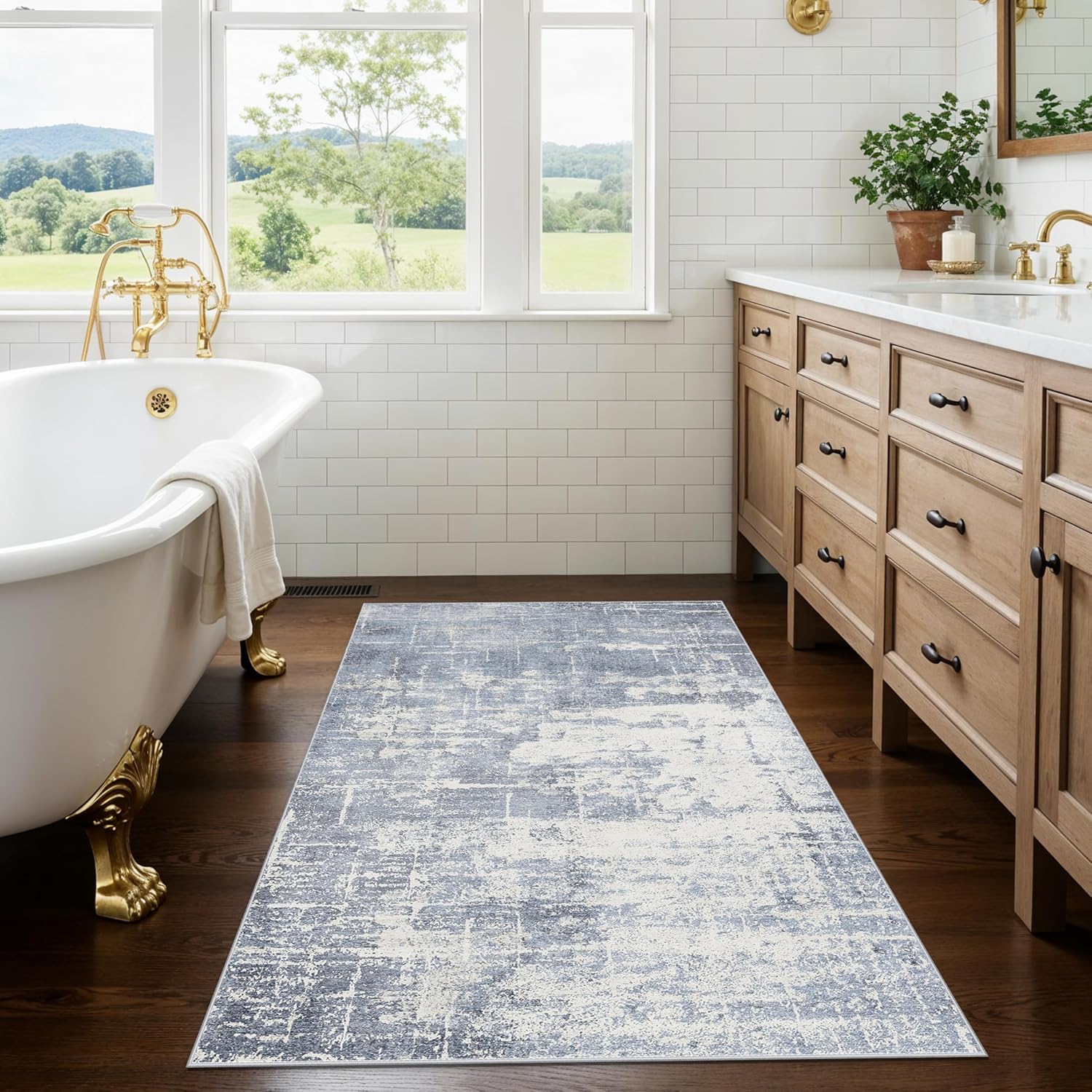 Skiennix Washable Kitchen Area Rug - Abstract Stain-Resistant, Non-Slip, Soft Indoor Mat (3x4, Blue/Ivory)