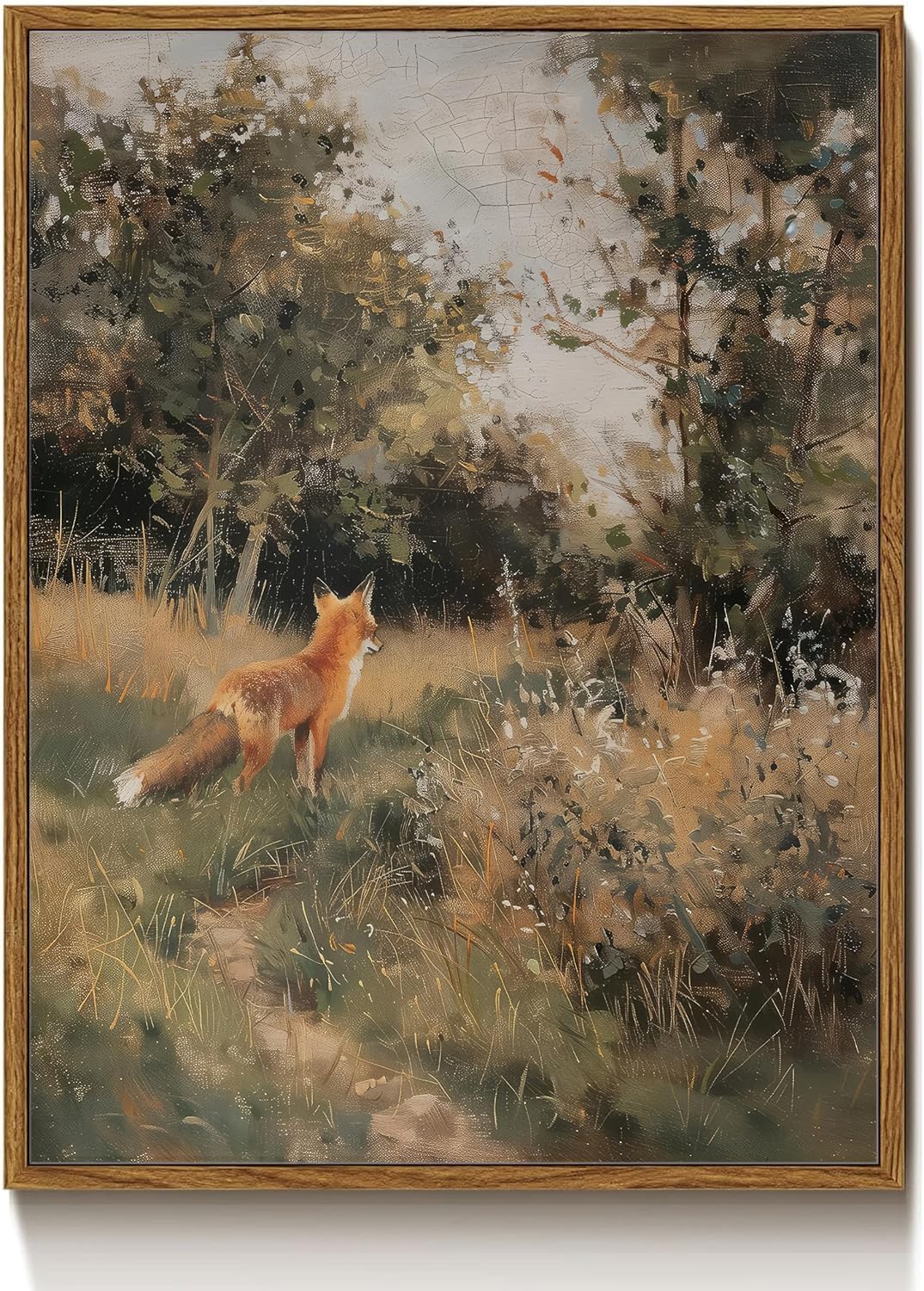 Vintage Fox Canvas Wall Art - Charming Forest Animal Oil Painting for Living Room & Bedroom Decor