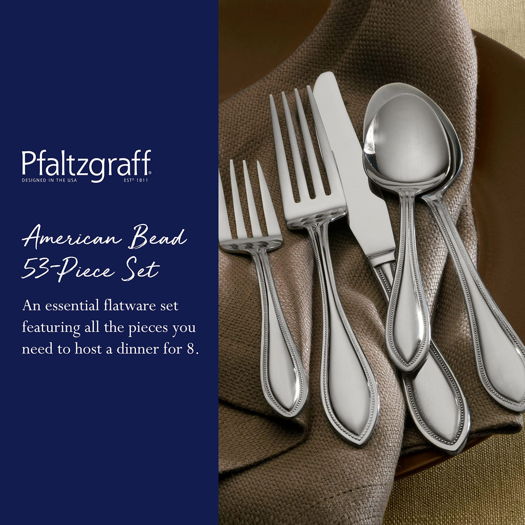 Pfaltzgraff American Bead 53-Piece Stainless Steel Flatware Set with Serving Utensil Set and Steak Knives, Service for 8,Silver