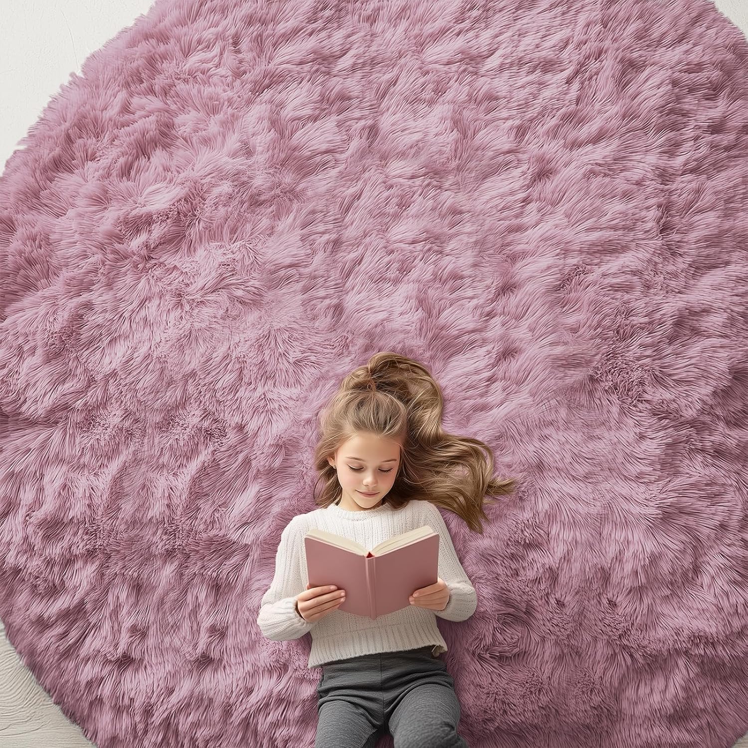 OLANLY Blush Round Area Rug - Soft, Fluffy 9 ft Circle Carpet for Bedroom & Living Room Decor