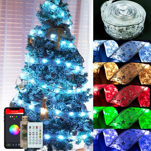 Lphianx Smart Christmas Tree Ribbon String Lights, 33ft 80 Modes Colors Changing Ribbon Light for Christmas Tree, APP & Remote Control, Sync Musical, Timer, USB (Silver)