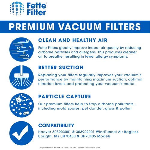 Fette Filter - Filter Kit Compatible with Hoover 303903001 & 303902001 WindTunnel Air Bagless Upright, fits UH70400 & UH70405 Models - Pack of 2