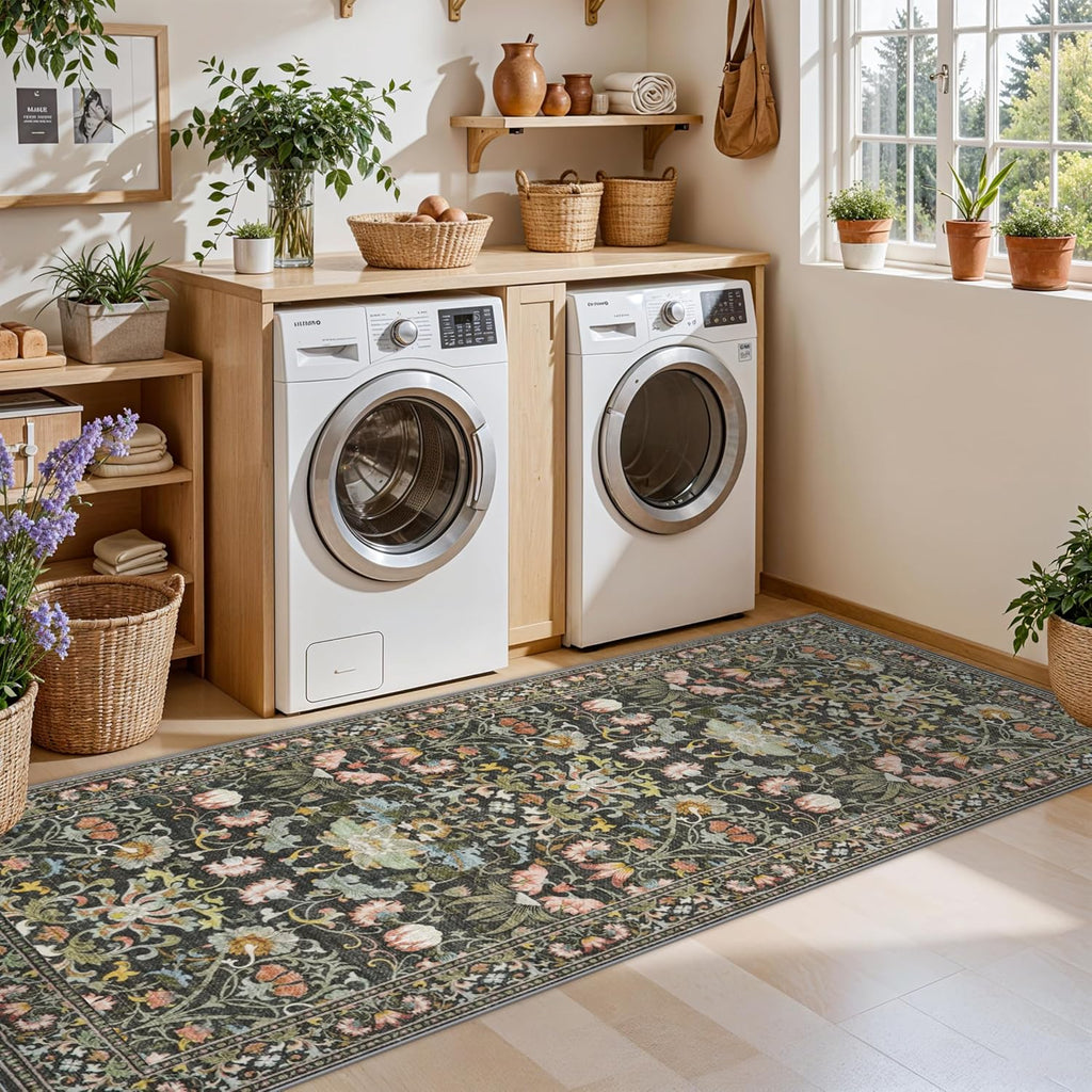 Skiennix Washable 2x8 Hallway Runner Rug - Vintage Water-Resistant Indoor Carpet | Ultra Soft Green Mat