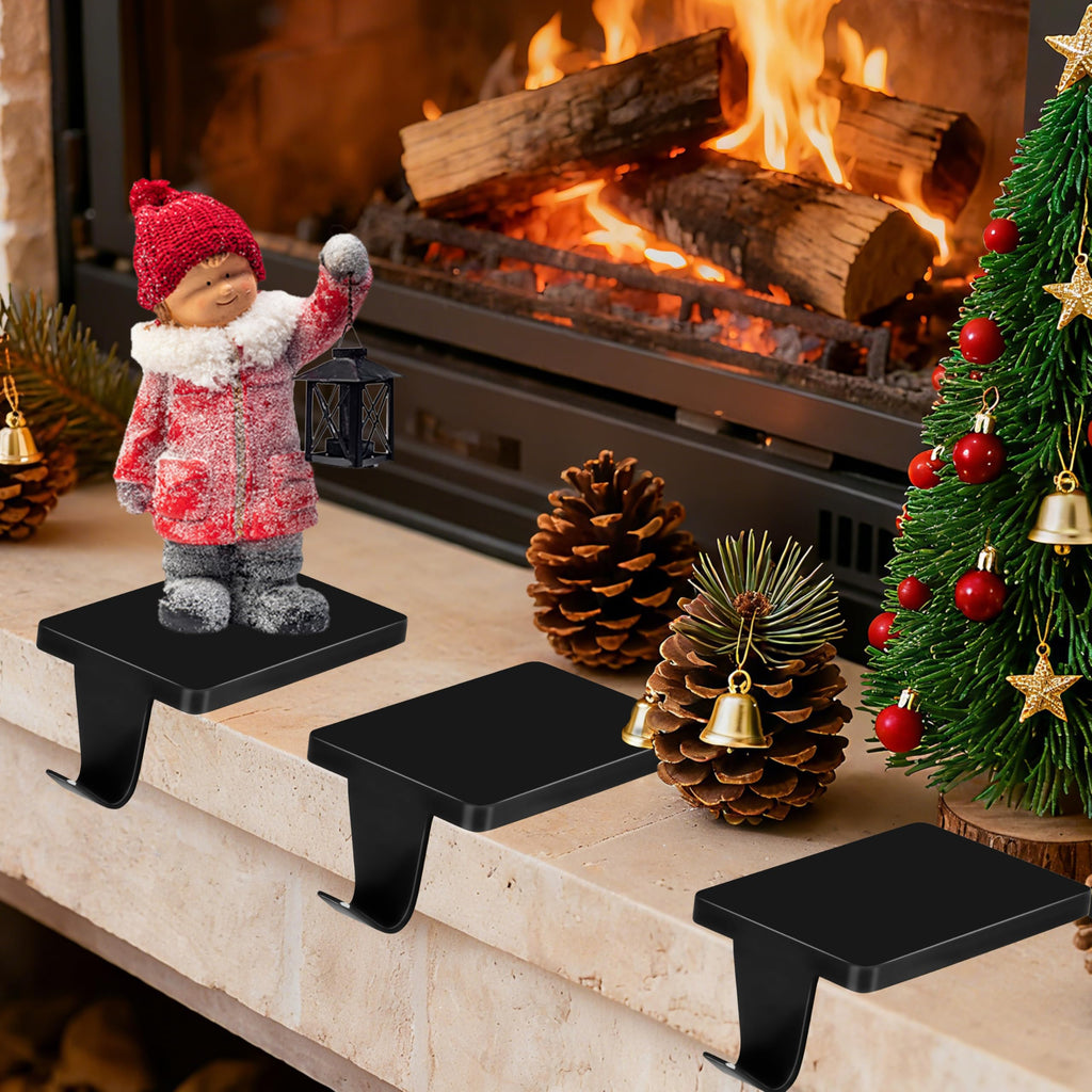 Palonu 4 Pcs Black Christmas Stocking Holders, Heavy Duty Mantle Hangers Cast Iron Hanging Hooks with Non-Slip Pad,Christmas Ornaments Xmas Holiday Decoration Shelf Window Fireplace Mantel Décor