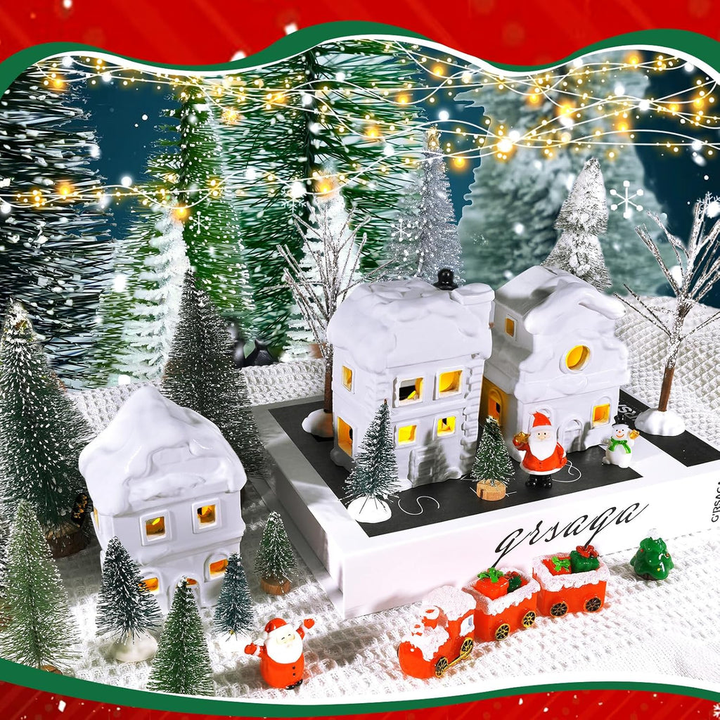 Wowagoga Ceramic Christmas Village Set - 21 Pcs White Resin Houses | 4.3 Inch Light-Up Decor Figurines