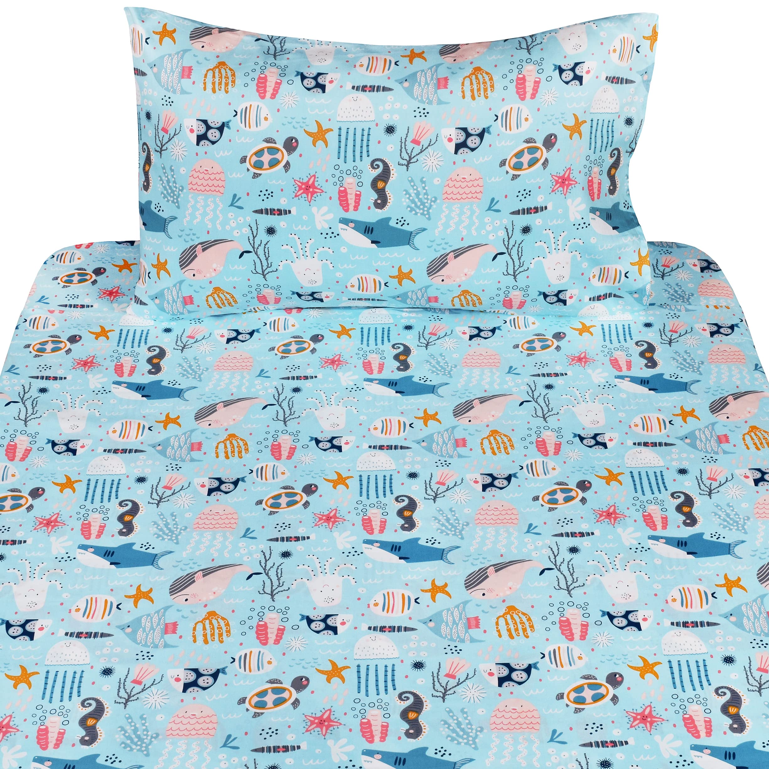 J-pinno Underwater Animals Sea Fishes Turtle Shark Dolphin Twin Sheet Set Gift 100% Cotton Flat Sheet + Fitted Sheet + Pillowcase Bedding Set for Unisex Boys Girls