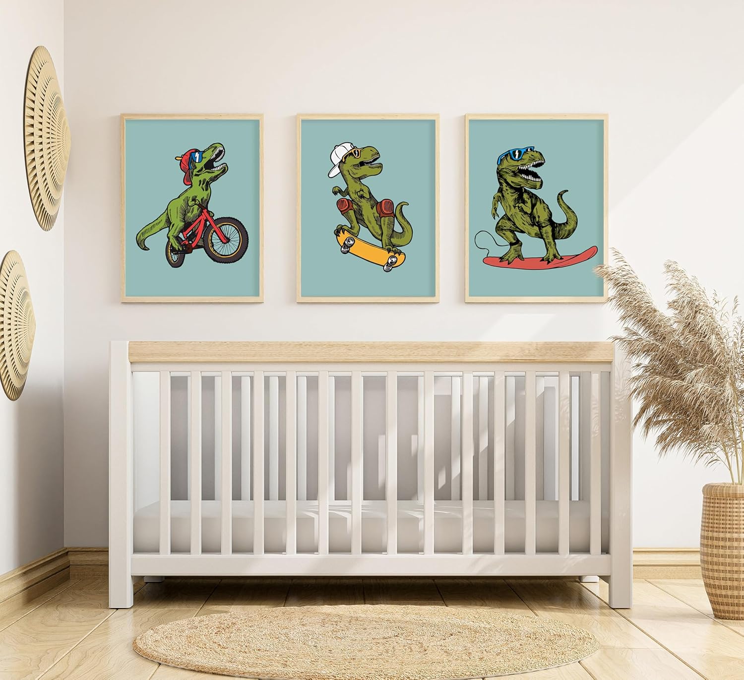 Skiennix 3pc Funny Dinosaur Nursery Canvas Wall Art - Surfing & Skateboarding Design for Boys' Room Decor