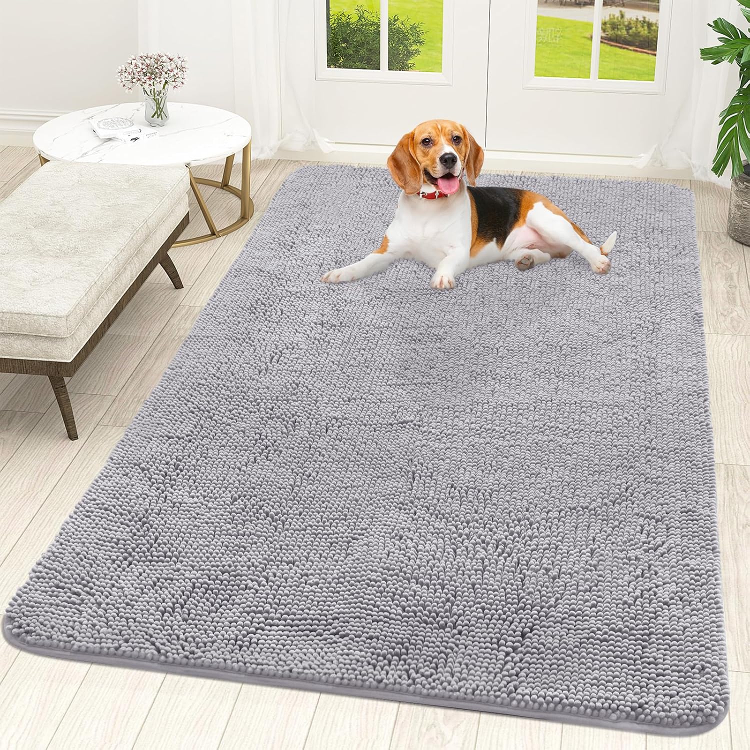 OLANLY Dog Door Mat - Absorbent Non-Slip Washable Doormat for Muddy Paws | 59x35 Light Grey
