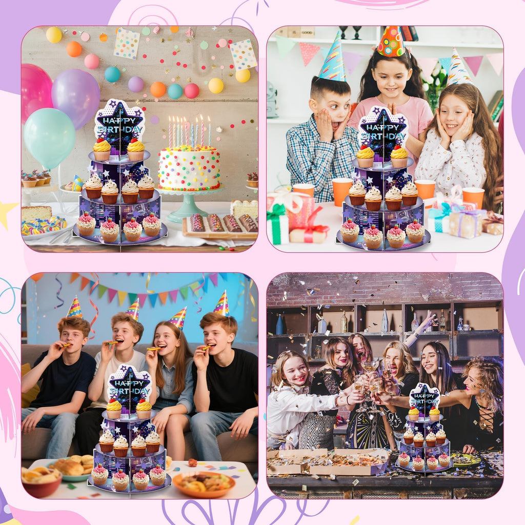 Salovio Singer Cupcake Stand Party Supplies - 3 Tier Korean Pop Singer Happy Birthday Party Cupcake Tower Table Decorations Musical Fan Theme Dessert Tray Holder Cake Stands for Girls Womens Teens