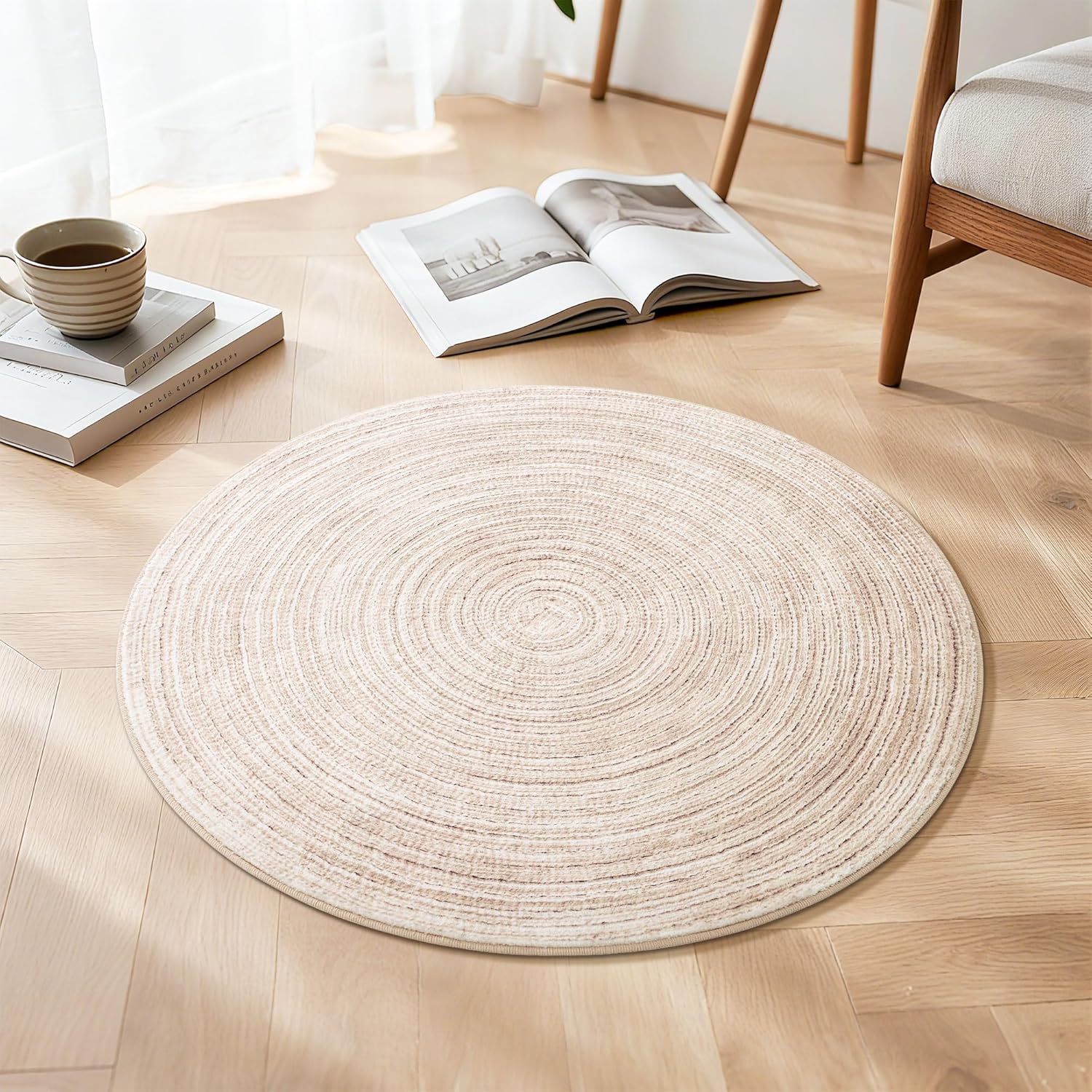 Asrug Faux Jute Round Rug - Soft, Washable Non-Slip Area Rug | 2ft Khaki Circle Rug for Kitchen & Living Room