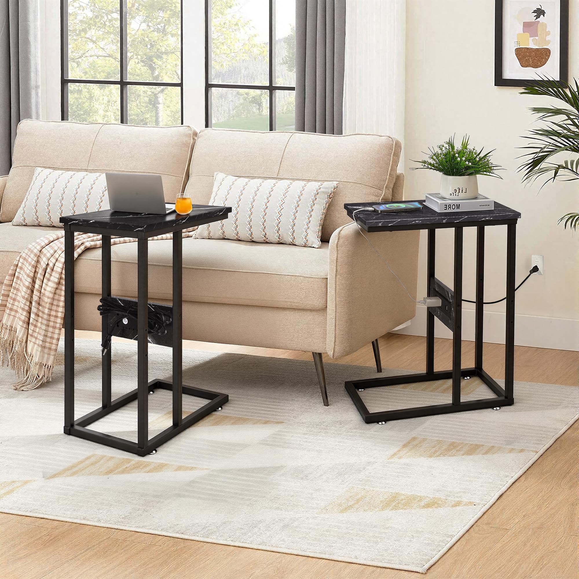 VECELO C-Shaped End Side Table with Charging Station & 2 USB Ports and Outlets for Living Room, Bedroom, with Adjustable Feet for Couch Sofa, Bedside, Small Spaces， Black Marble