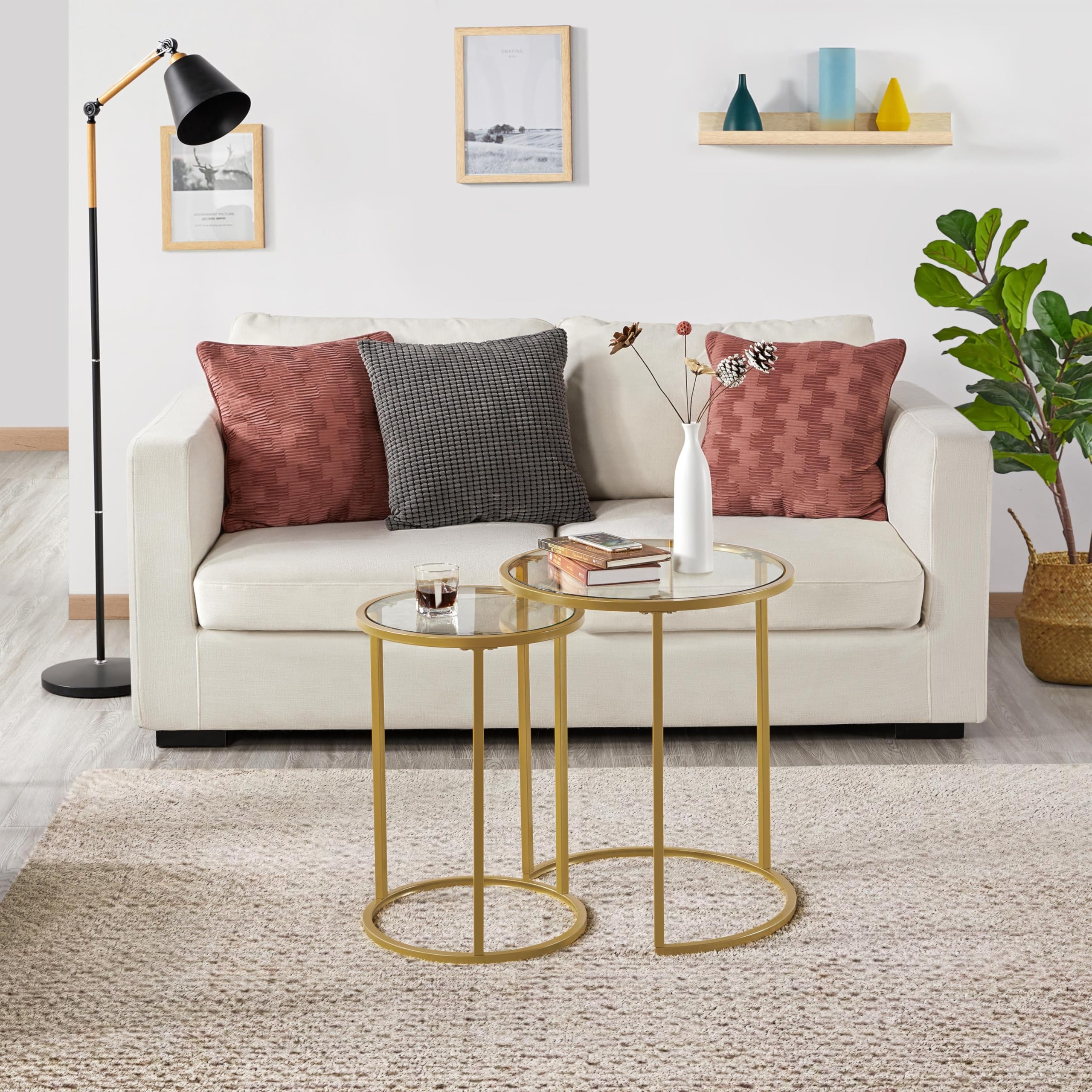 Yaheetech Round Nesting Side Table Stacking Coffee Table, Set of 2 Circular End Tables w/Metal Frame & Tempered Glass Top & Protective Foot Pads for Small Space Living Room Office, Mustard Gold
