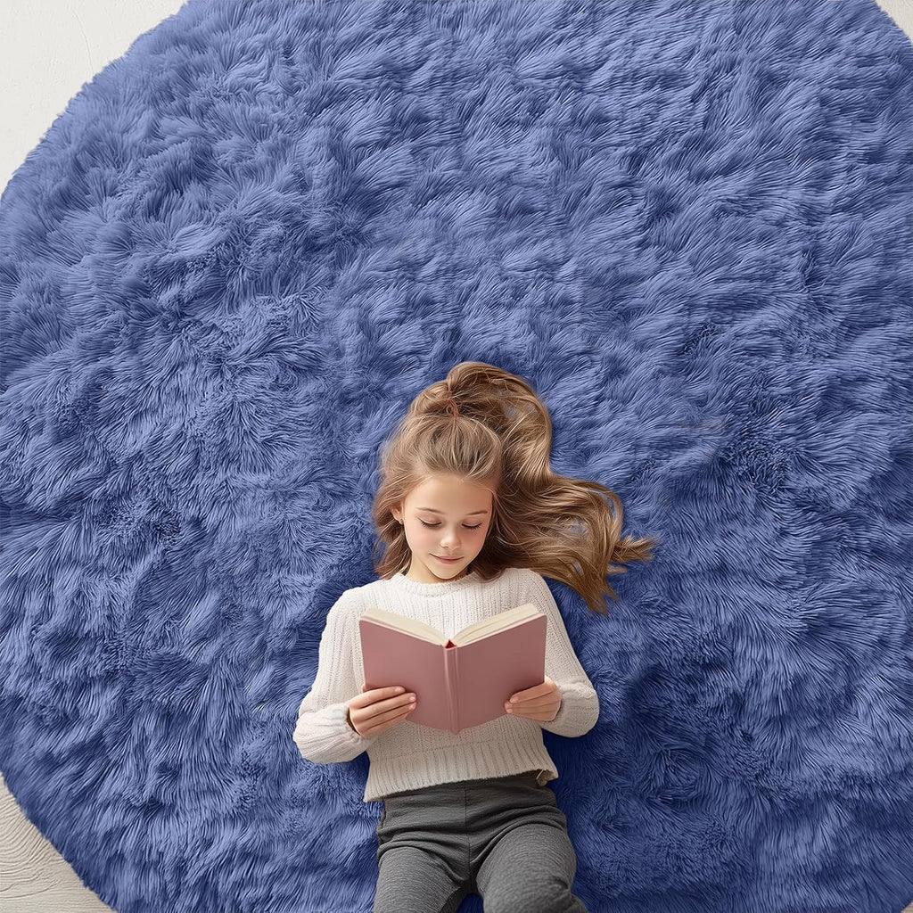 OLANLY Denim Blue Round Rug - Soft, Fluffy Shaggy Carpet | 7 ft Machine Washable Area Rug for Bedroom & Living Room