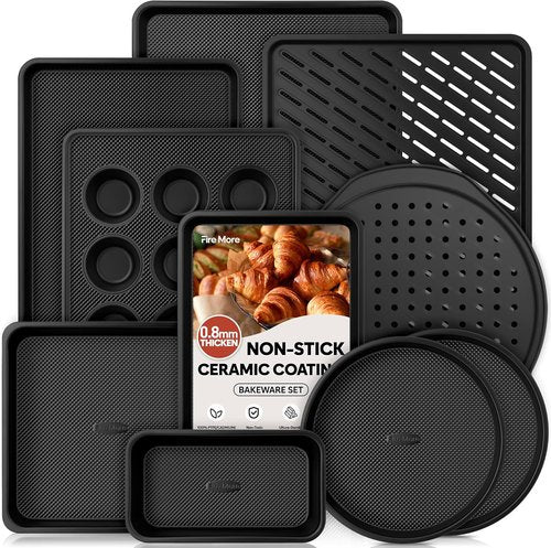 Fire More 10-Piece Nonstick Baking Pan Set - Durable 0.8MM Thick Bakeware with Cookie Sheets, Muffin Pan & More