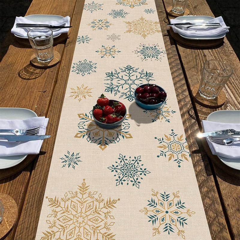 Seliem Winter Gold Blue Snowflakes Table Runner 13" x 90" - Farmhouse Linen