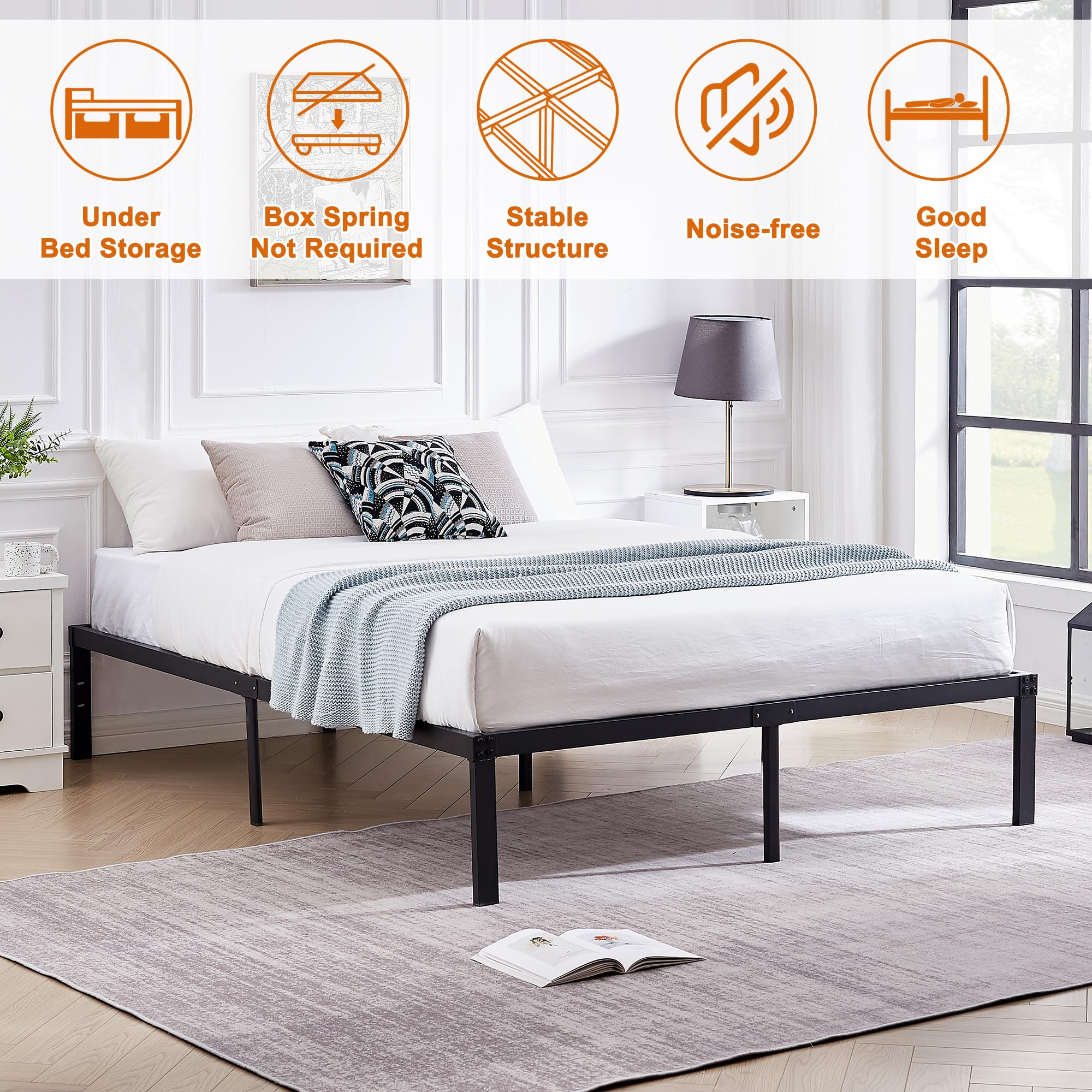 VECELO 16" Full Size Metal Platform Bed Frame,Heavy Duty Steel Slat/Easy Assembly Mattress Foundation/No Box Spring Needed