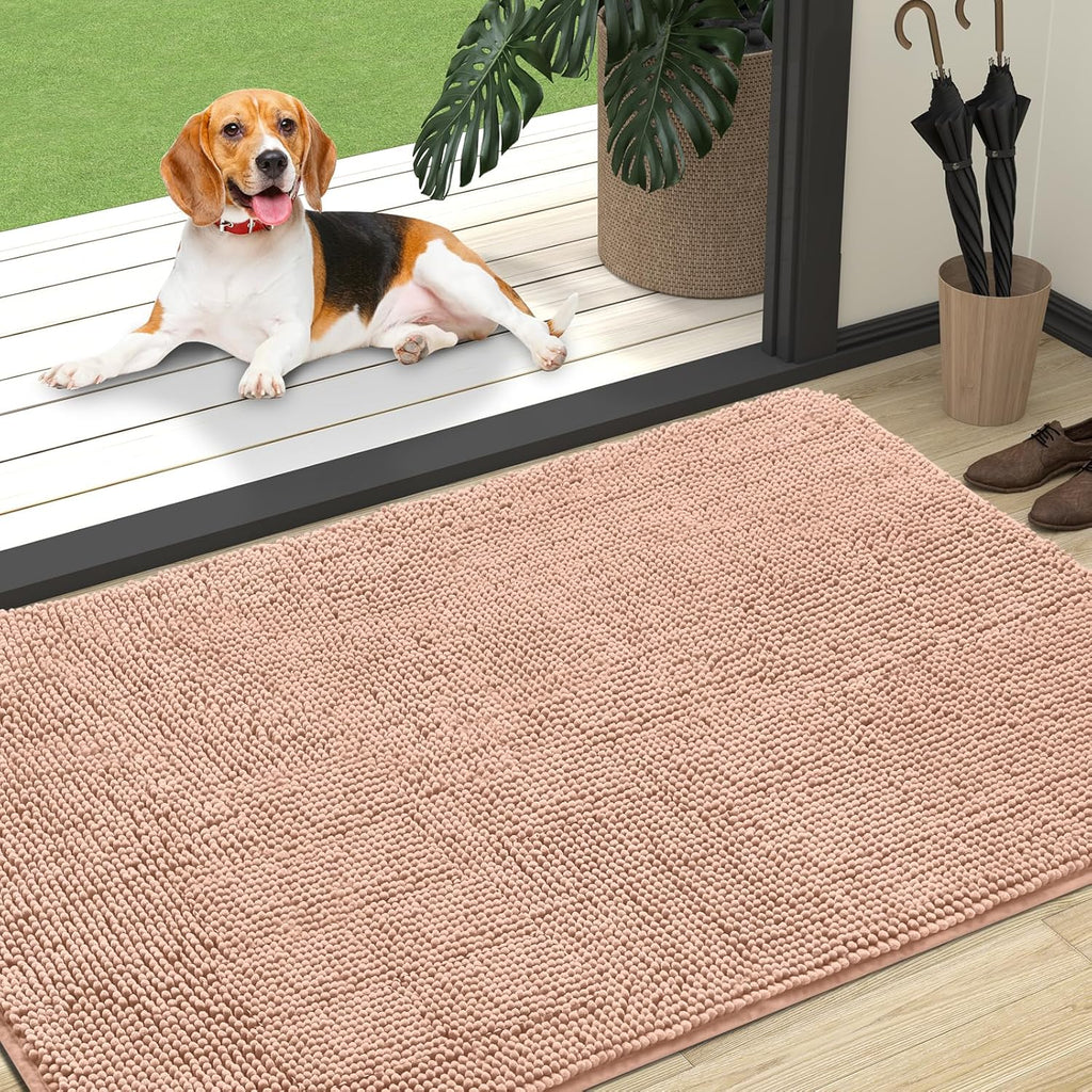 OLANLY Dog Door Mat - Absorbent Non-Slip Muddy Paws Mat | Quick Dry Chenille 47x32 in Peach