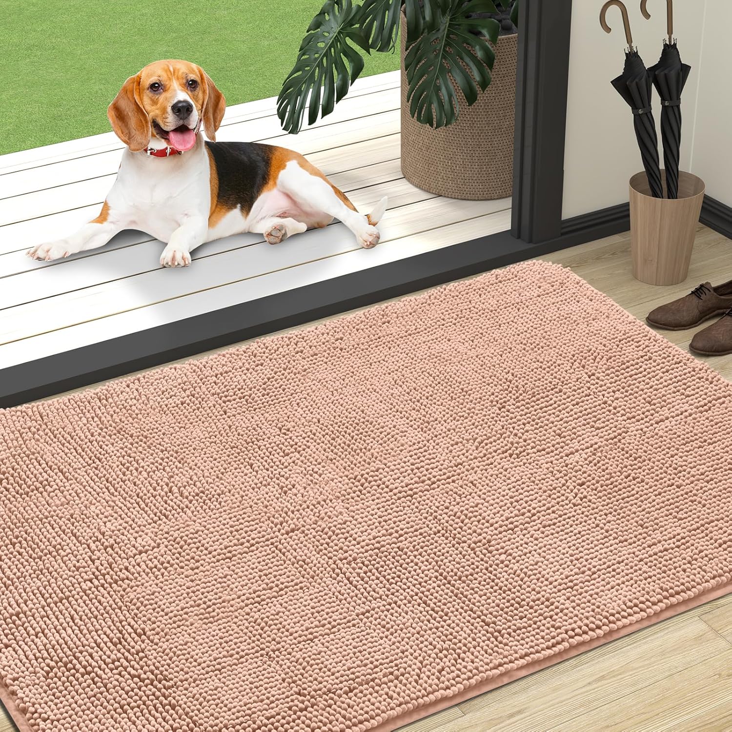 OLANLY Dog Door Mat - Absorbent Non-Slip Muddy Paws Mat | Quick Dry Chenille 47x32 in Peach
