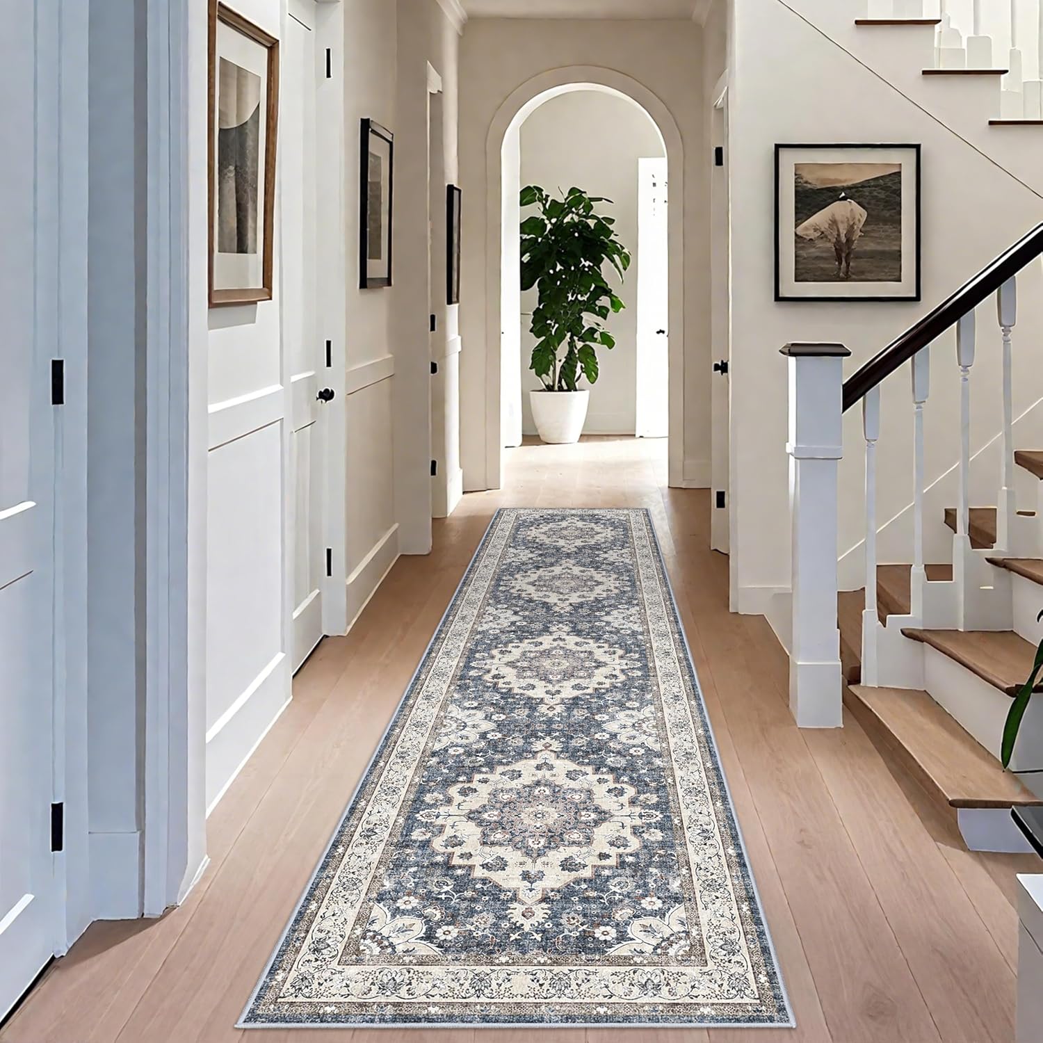 Skiennix Washable 3x12 Hallway Runner Rug - Floral Non-Slip Entryway Carpet | Stain Resistant Blue Mat