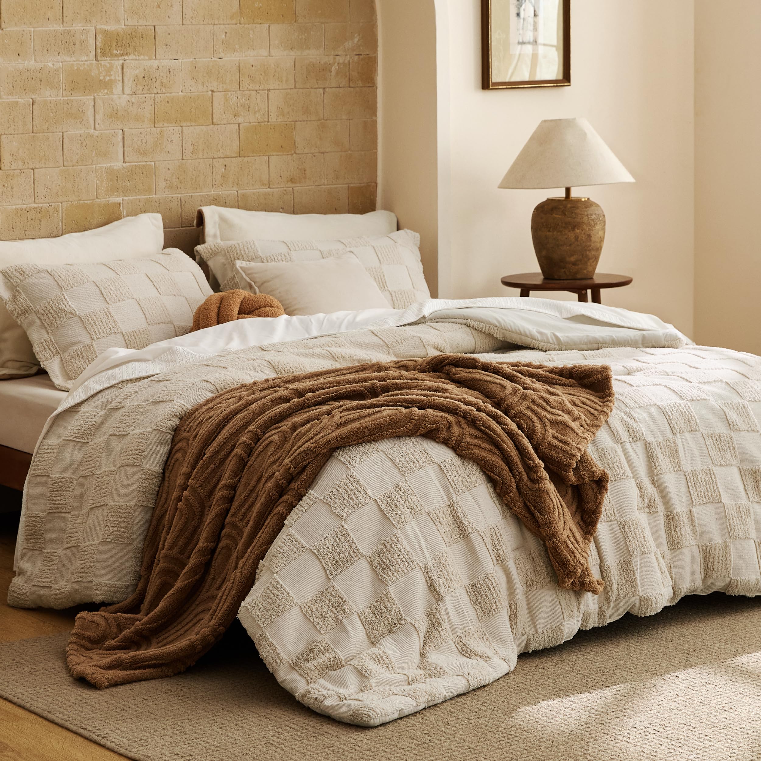 Bedsure King Size Comforter Set Beige, Boho Tufted Bed Set, Checkered Farmhouse-Style Distressed Vintage Bedding, 3 Pieces, 1 Plaid Geometric Comforter and 2 Pillow Shams