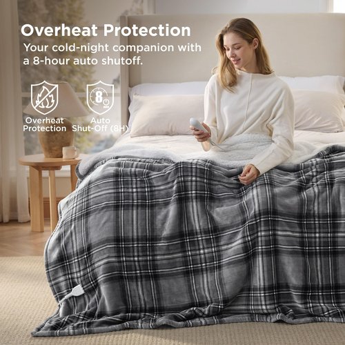 Bedsure Plaid Electric Blanket Twin - Flannel Sherpa Heated Blanket with Plaid Pattern, Heating with 6 Heating Levels, 10 Time Settings, 8-Hour Auto-Off, Warm Gifts for Grandma (Grey, 62"x84")