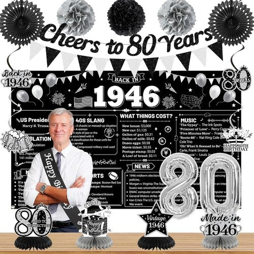 Holkcog 80th Birthday Decorations - Back In 1946 Poster & Banner Set with Balloons, Sash & Fans