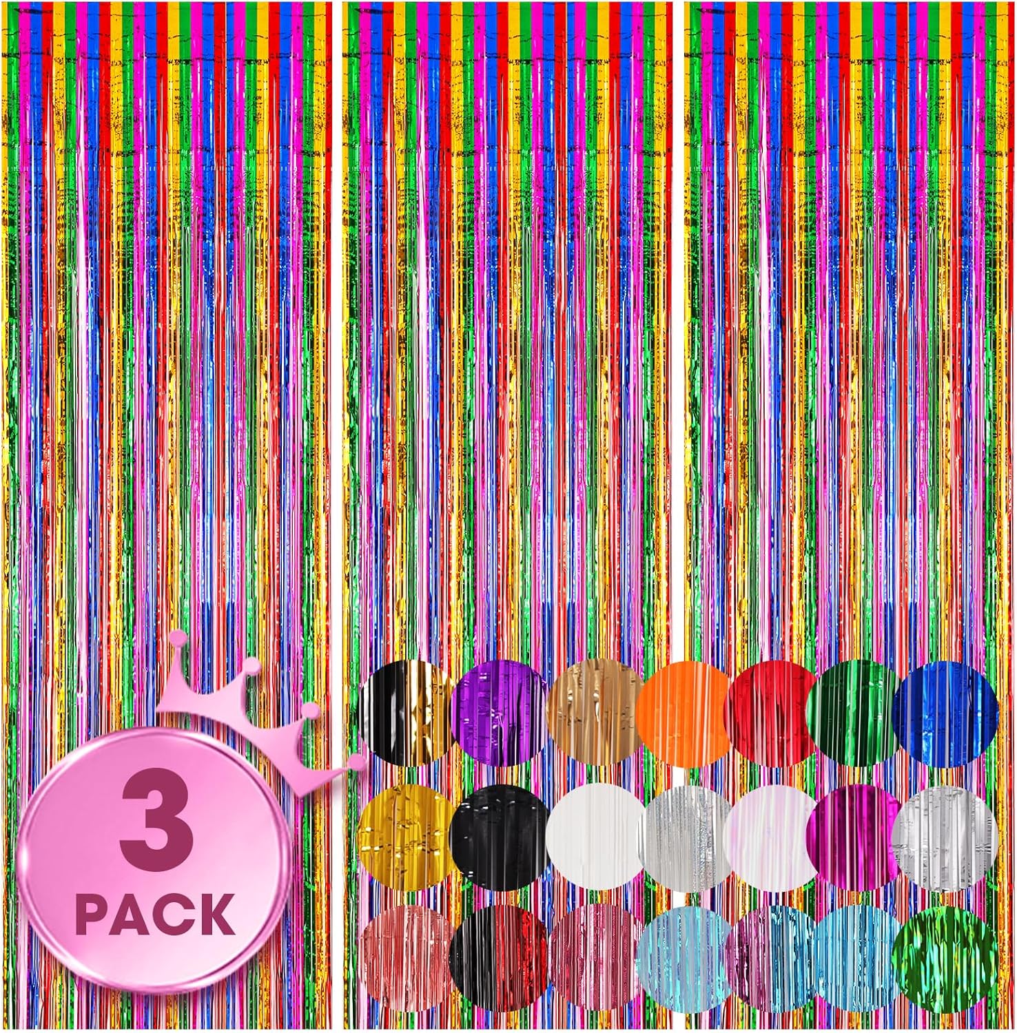 Voircoloria Rainbow Foil Fringe Backdrop Curtains - 3 Pack Tinsel Streamers for Parties & Events | 3.3x8.2 Feet