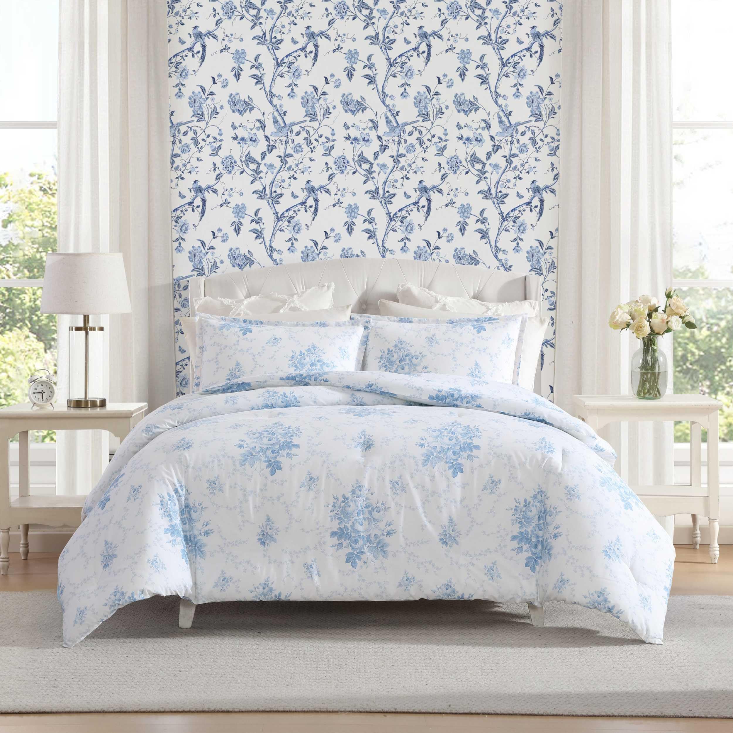 Laura Ashley - Full/Queen Duvet Cover Set, Plain Weave Cotton Bedding with Matching Shams, Button Closure, Lightweight for Year Round Use, Oeko-Tex Certified (Sophia Blue)