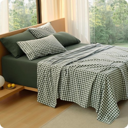 Bedsure 100% Washed Cotton Percale Sheets - Gingham Olive Green Queen Set with 18" Deep Pockets, Soft & Breathable