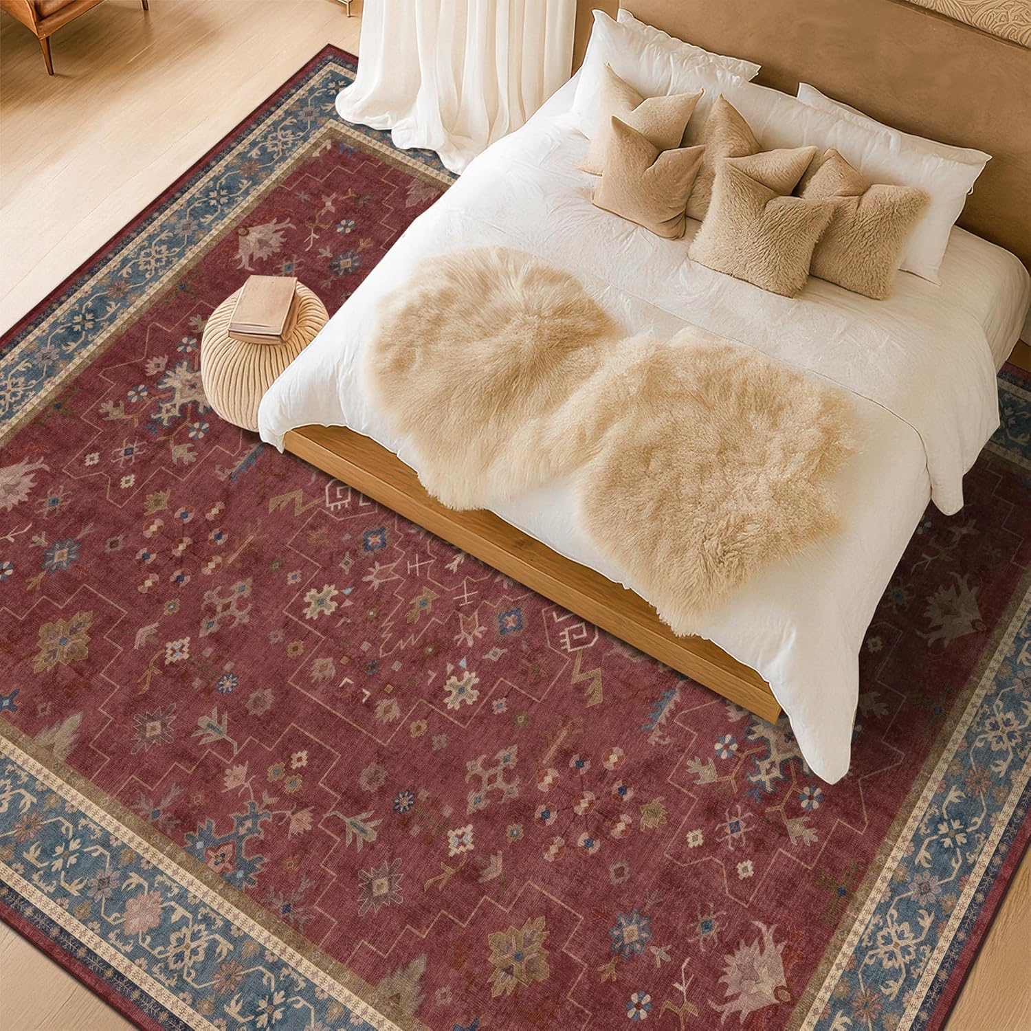 Regine Switzerland Vintage Burgundy Boho Dining Room Rug - Lightweight Washable 7x9 Soft Carpet