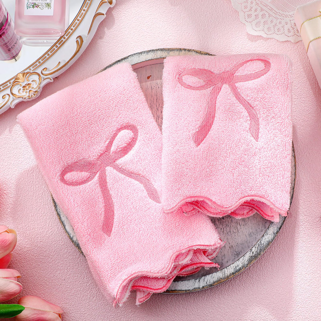 SmoothNovelty 2 Pcs Fingertip Towels for Bathroom 12 x 18 Inch Small Fingertip Towels with Scalloped Pink Bow Design Embroidery Coquette Bow 100% Cotton Soft Absorbent Guest and Housewarming Gift