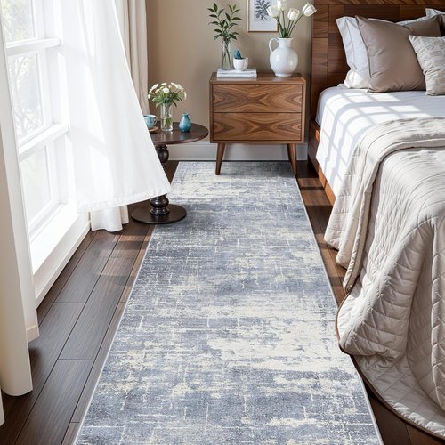 **Hallway Runner Rug - Abstract Stain Resistant | Ultra Soft Non-Slip Indoor Carpet (2x8, Blue/Ivory)**