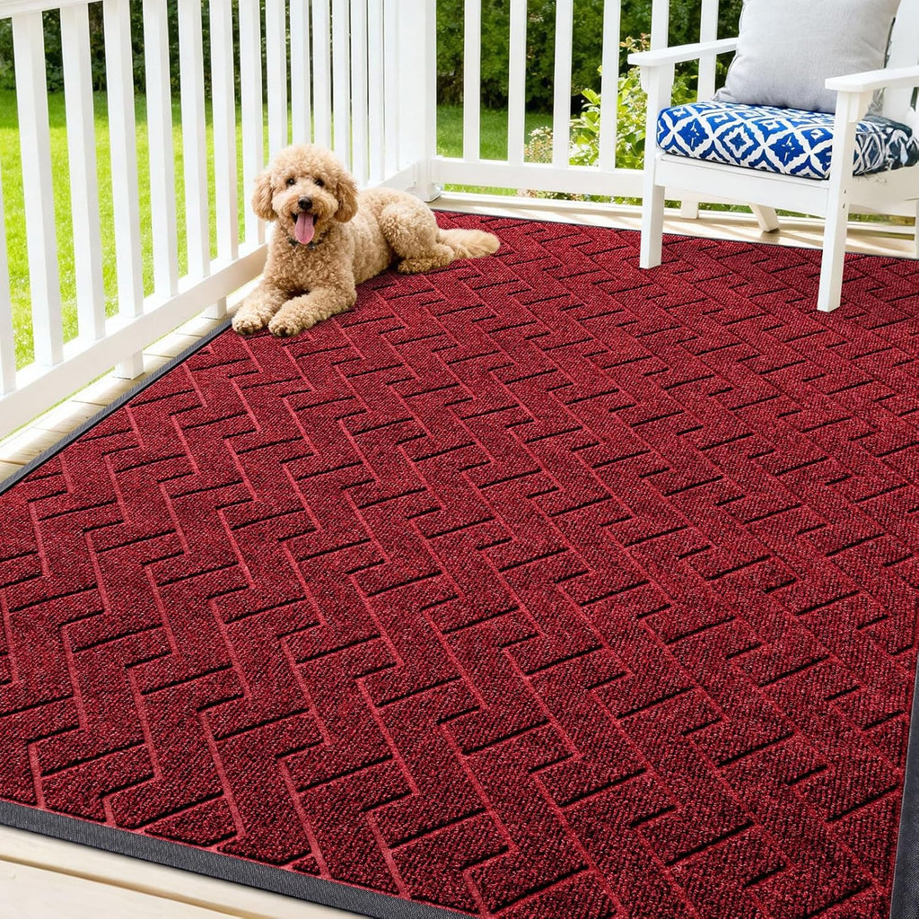 OLANLY Waterproof Front Door Mat - All-Season Herringbone Design | Easy Clean, Low Profile, Wine Red (71x47)