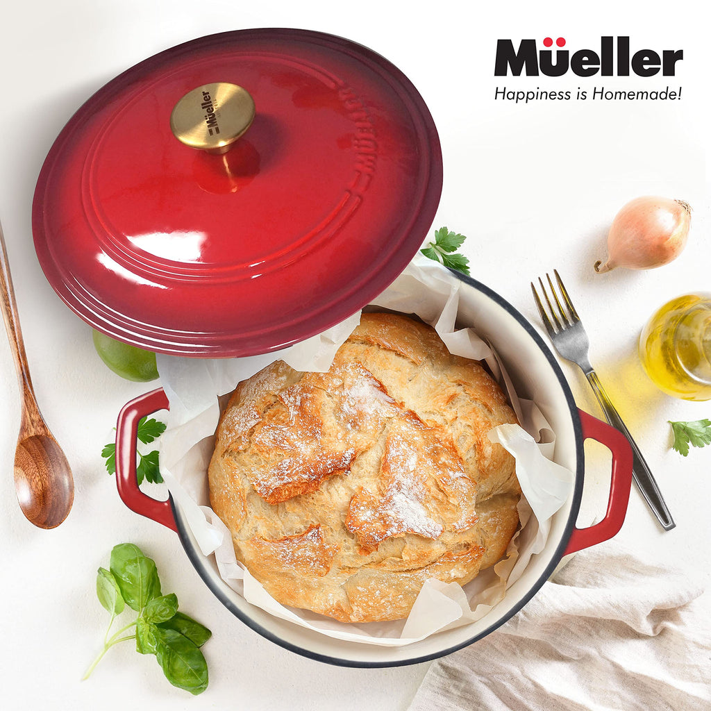 Mueller 6qt Enameled Cast Iron Dutch Oven, Heavy-Duty Casserole and Braiser Pan with Lid and Knob, Oven-Safe up to 500° F & Across All Cooktops, Red