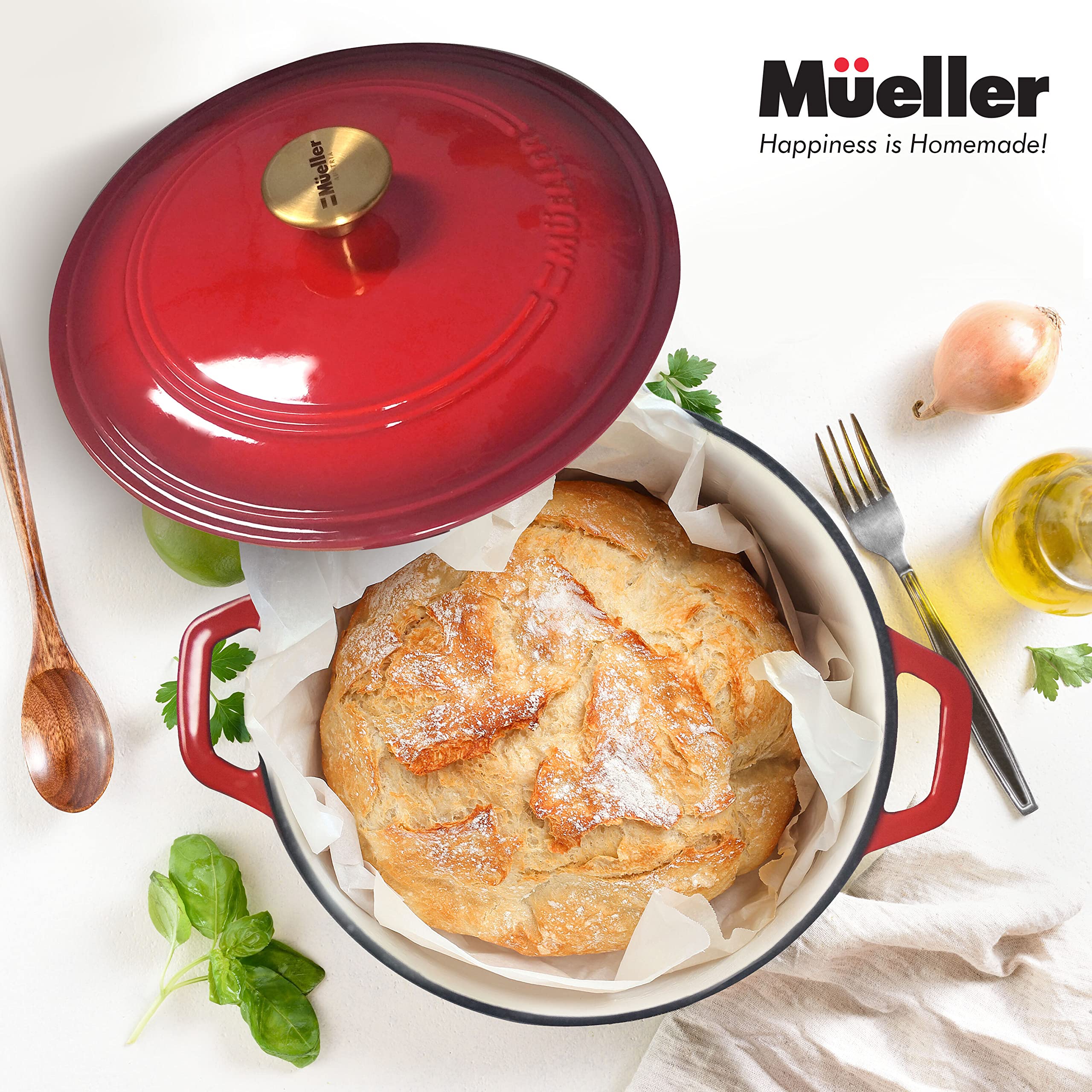Mueller 6qt Enameled Cast Iron Dutch Oven, Heavy-Duty Casserole and Braiser Pan with Lid and Knob, Oven-Safe up to 500° F & Across All Cooktops, Red