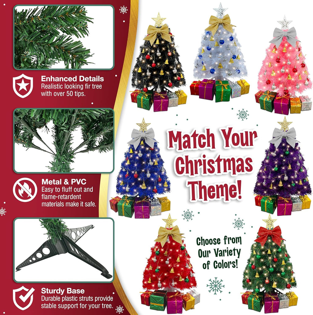Small Christmas Tree with Lights - 23-Inch Mini Tabletop Tree with Warm-White LEDs & Ornaments