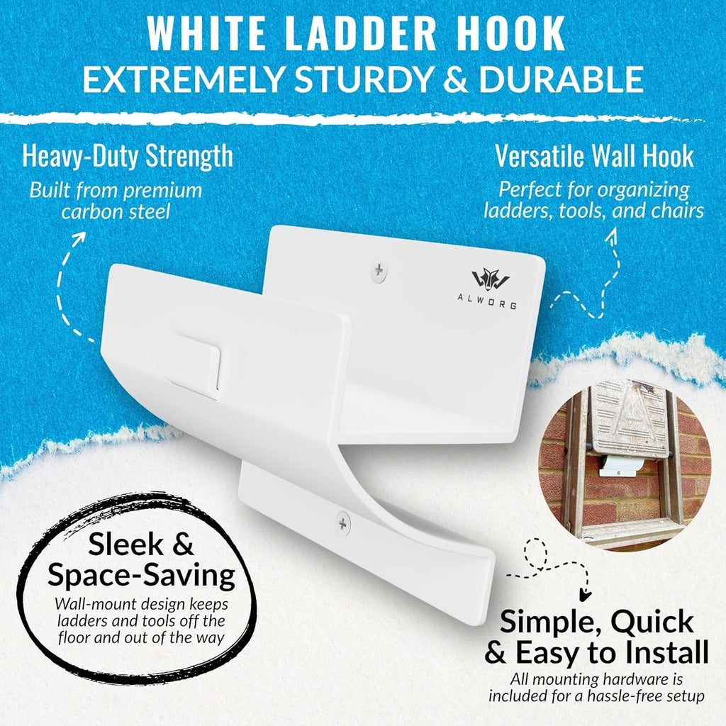 White Ladder Hooks | Step Ladder Holder for Garage Wall - Durable Wall Mount Design