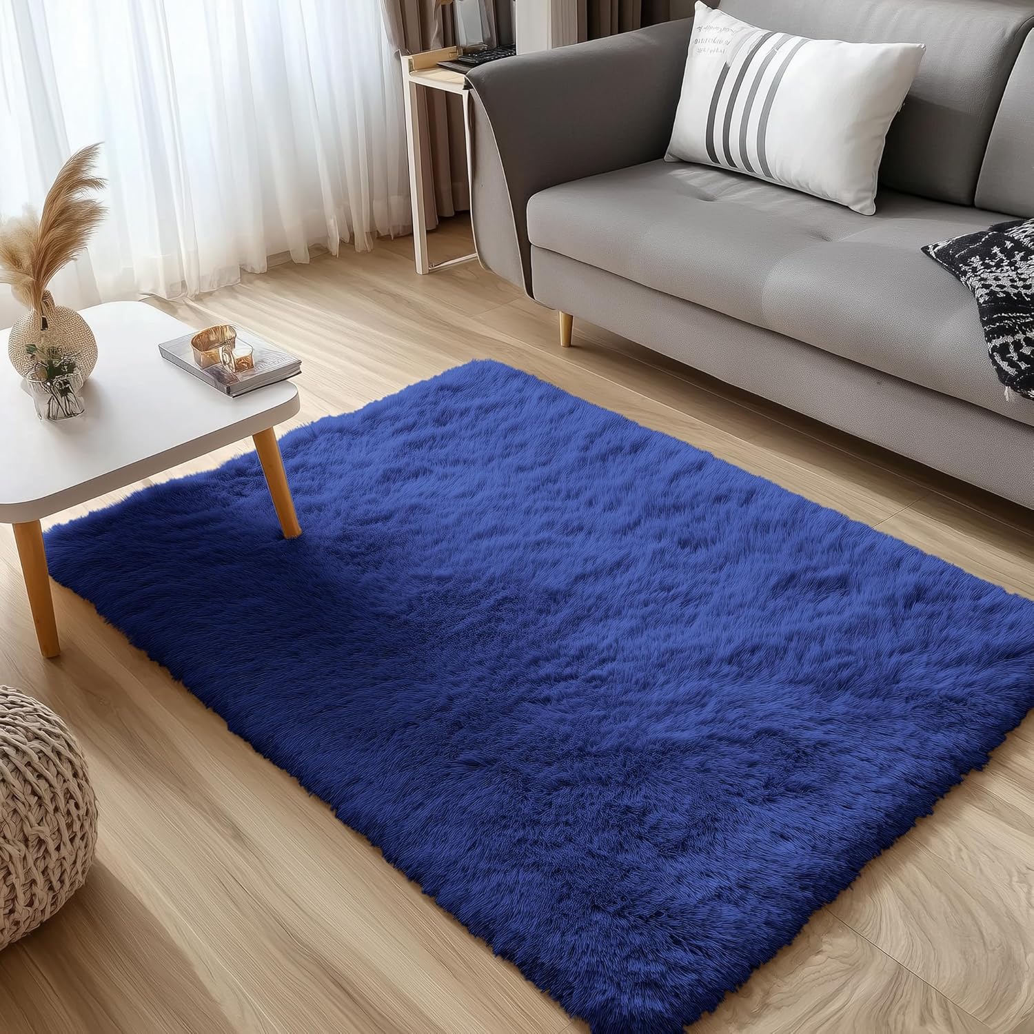 OLANLY 4x4 Soft Fluffy Shaggy Accent Rug - Machine Washable Indoor Carpet for Bedroom & Nursery, Navy Blue