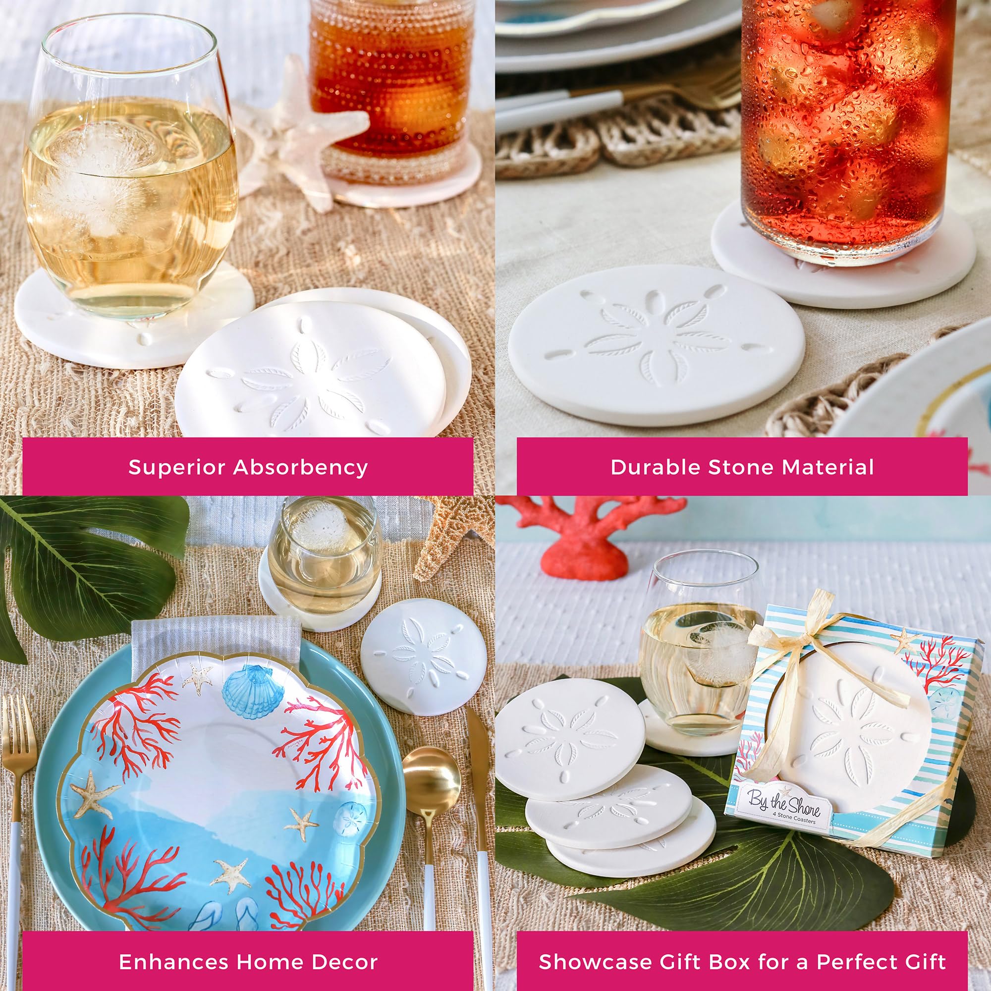 Kate Aspen Absorbent Sand Dollar Drink Coasters Set of 4– Coastal Decor, Nautical Home Decorations, Housewarming Gift, & Beach Themed Coasters for Drinks