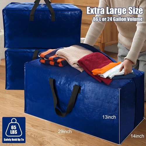 Cosy Family Extra Large Moving Bags - Heavy Duty Storage Totes with Backpack Straps & Strong Handles | Set of 4, Blue